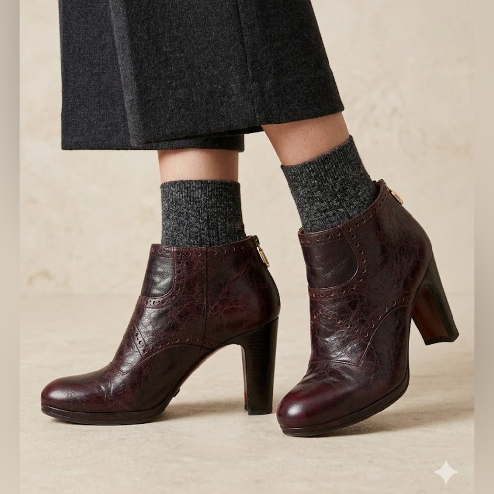 Chie Mihara Ankle Boots | Burgundy Leather Brogue | Size EU 40 Luxury Spain